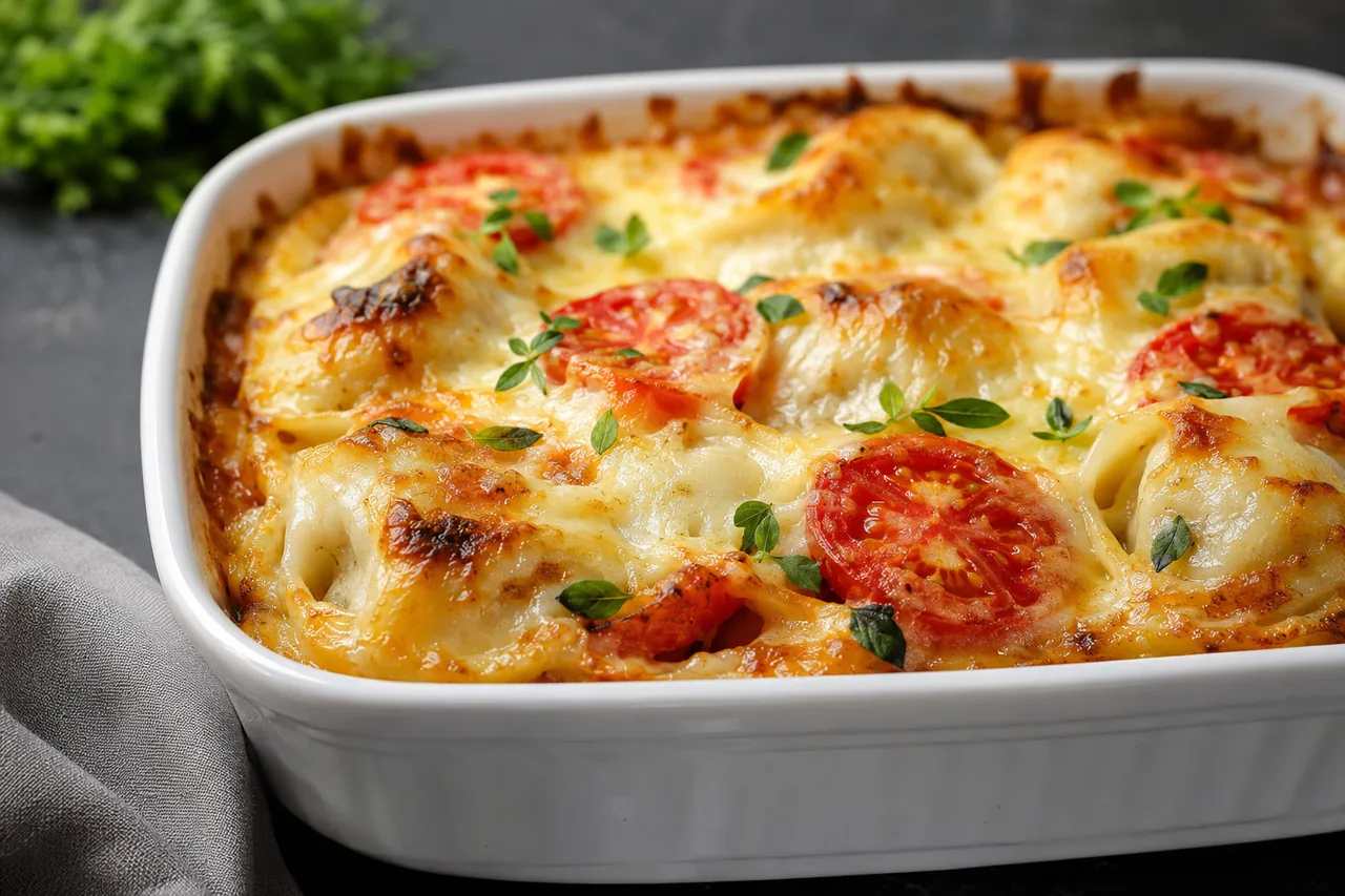 Пельмени, запеченные с помидорами и сыром