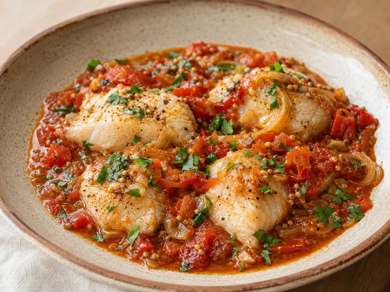 Рыба, тушенная с помидорами и горчицей
