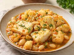 Рыба, тушенная с фасолью и цветной капустой