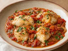 Рыба, тушенная с помидорами и горчицей