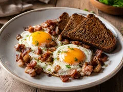 Яичница с черным хлебом и шкварками